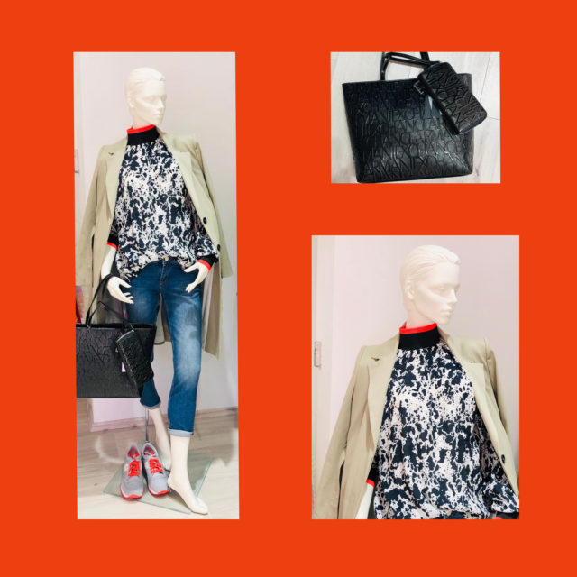 Outfit, Marccain Tasche, Bluse schwarz weisß